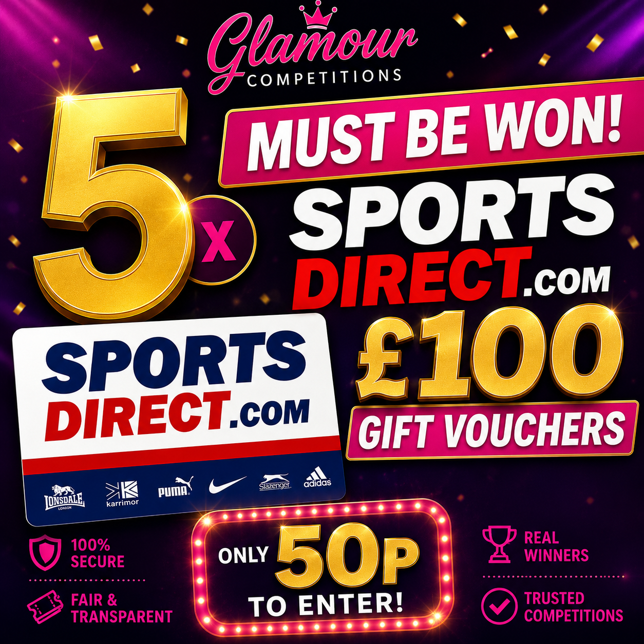 5 x £100 Sports Direct Gift Vouchers Instant Wins Must Be Won