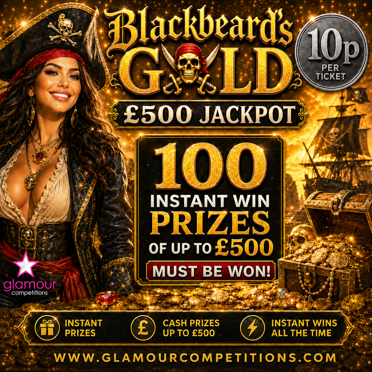 Blackbeards Gold - £500 Jackpot - 100 x Instant Win Cash Prizes Must Be Won! (Copy)